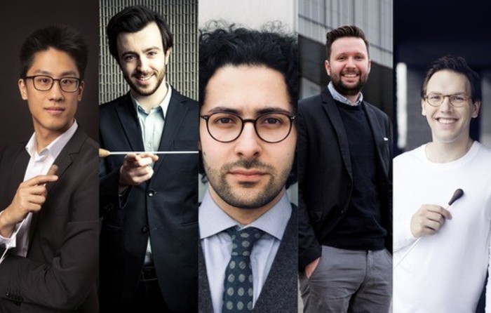 Die Nachwuchsdirigenten David Bui, Martijn Dendievel, Harutyun Muradyan, Christoph Schäfer und Gabriel Venzago